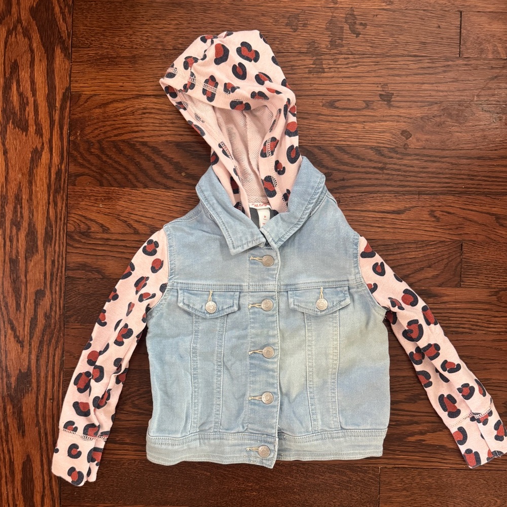 Cat & Jack Girls Toddler 3T Denim Jacket with Pink Leopard Print Sleeves, Hood